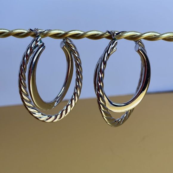 ATI 925 Sterling Oval Hoop Earrings | Twisted Rope Edge 1.5”Lever Back Earrings - Picture 3 of 7